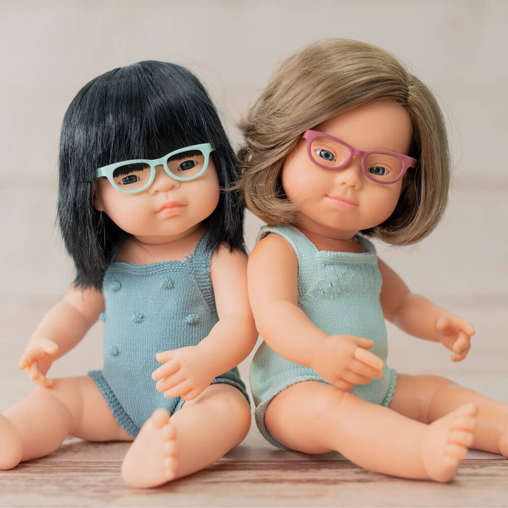 Caucasian Brunette Anatomically Correct Baby Girl Doll 38cm Down Syndrome Features with Glasses - Miniland (Colourful Edition)