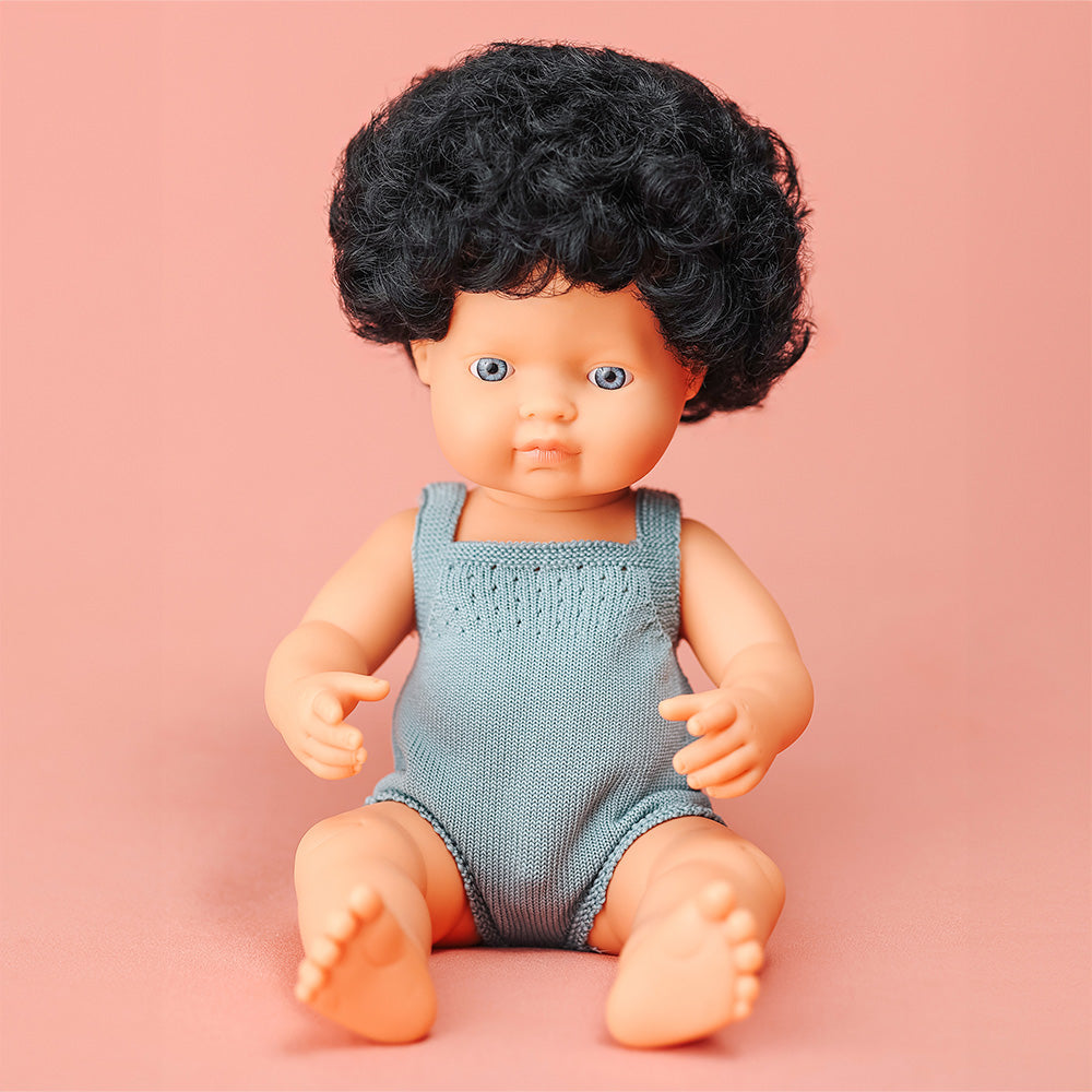 Caucasian Curly Black Hair Baby Boy Doll 38cm by Miniland (Colourful Edition)