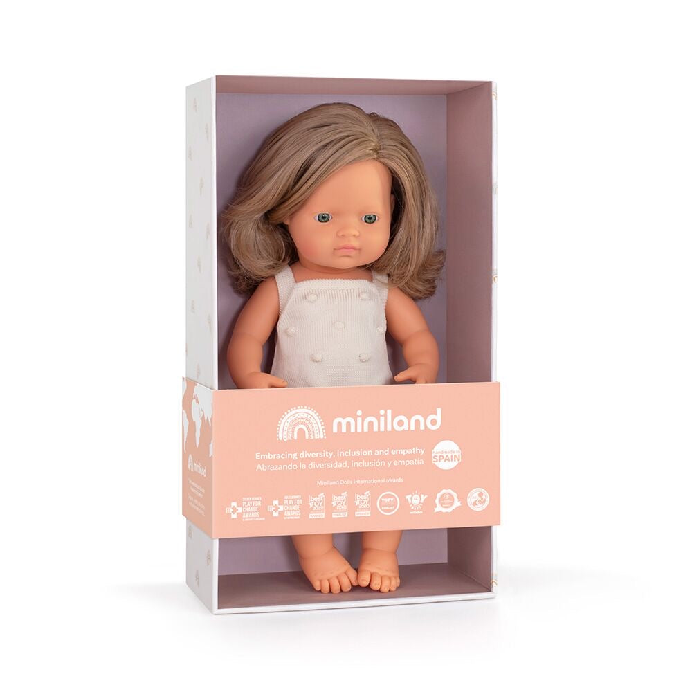 Caucasian Anatomically Correct Dark Blonde Baby Girl 38 cm by Miniland (Colourful Edition)