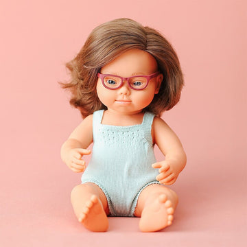 Caucasian Brunette Anatomically Correct Baby Girl Doll 38cm Down Syndrome Features with Glasses - Miniland (Colourful Edition)