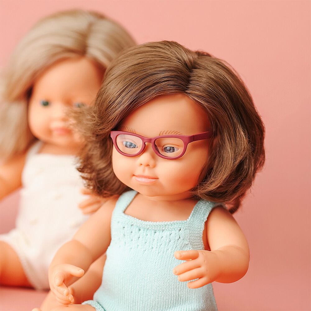 Caucasian Brunette Anatomically Correct Baby Girl Doll 38cm Down Syndrome Features with Glasses - Miniland (Colourful Edition)