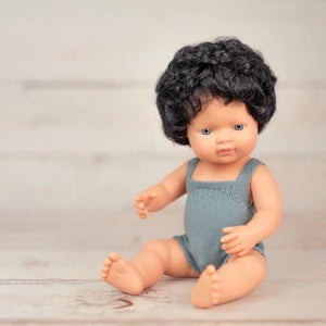 Caucasian Curly Black Hair Baby Boy Doll 38cm by Miniland (Colourful Edition)