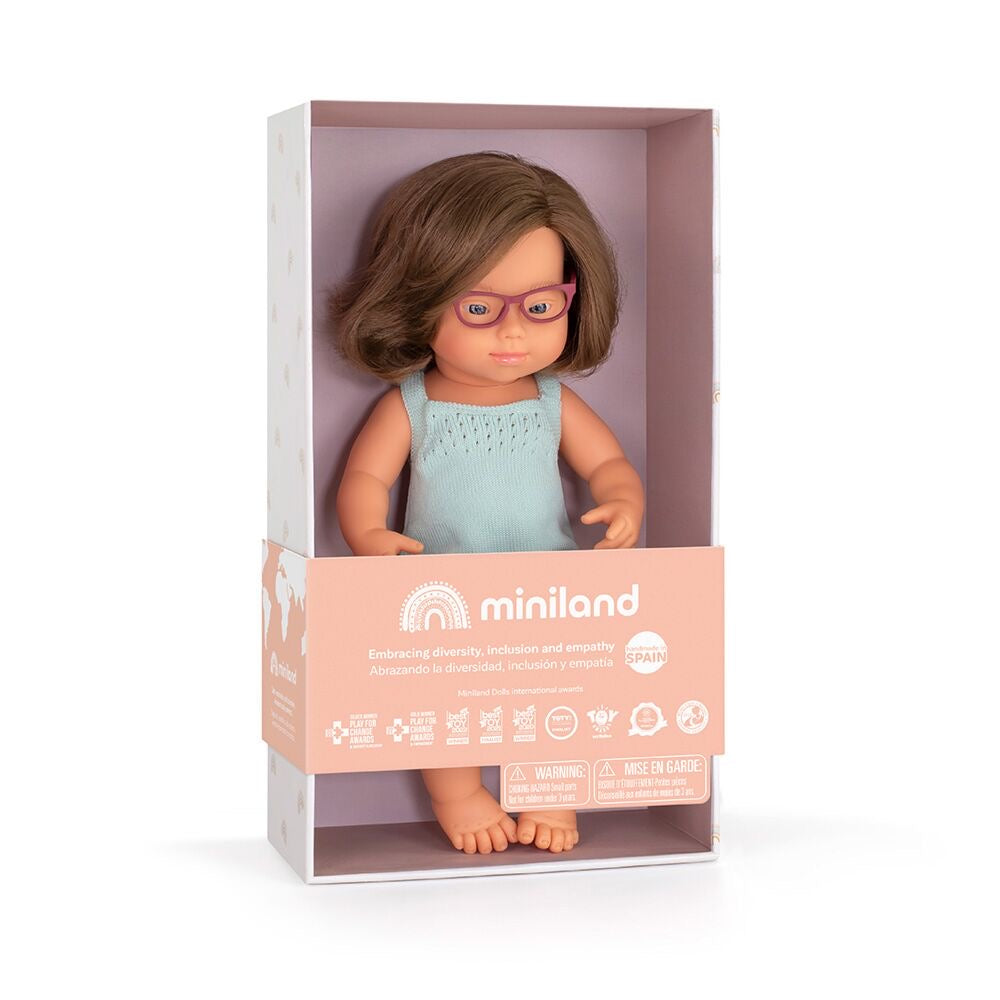 Caucasian Brunette Anatomically Correct Baby Girl Doll 38cm Down Syndrome Features with Glasses - Miniland (Colourful Edition)