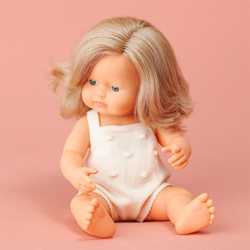 Caucasian Anatomically Correct Dark Blonde Baby Girl 38 cm by Miniland (Colourful Edition)
