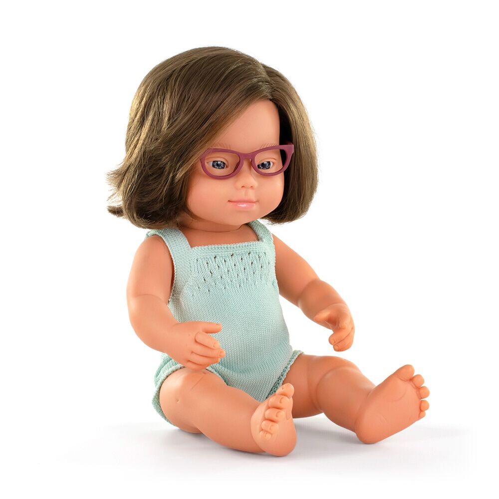 Caucasian Brunette Anatomically Correct Baby Girl Doll 38cm Down Syndrome Features with Glasses - Miniland (Colourful Edition)