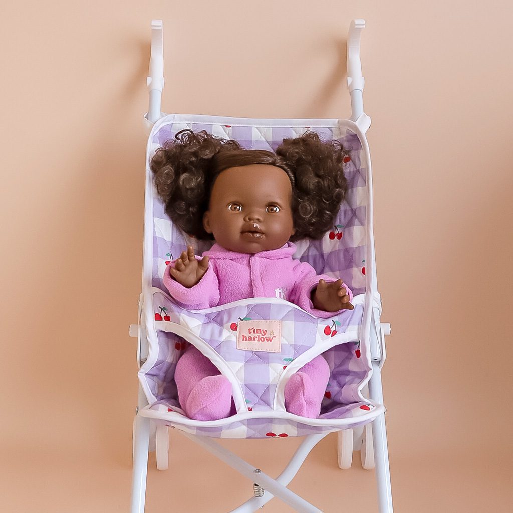 Folding Doll’s Stroller - Lilac Gingham Cherry by Tiny Harlow